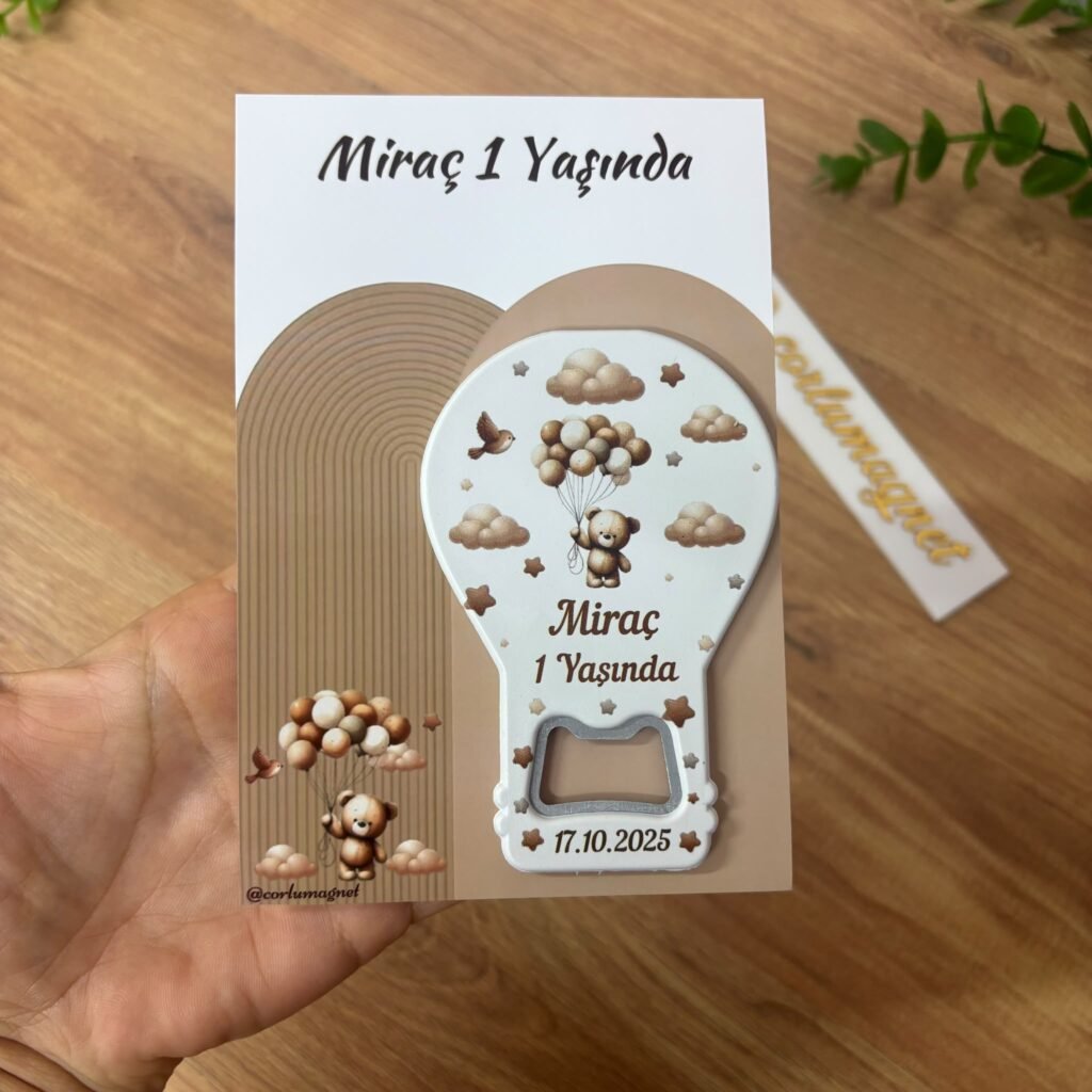 Ayıcık ve Uçan Balon Konseptli Uv Baskılı Açacak Magnet & Kartlı Hediyelik